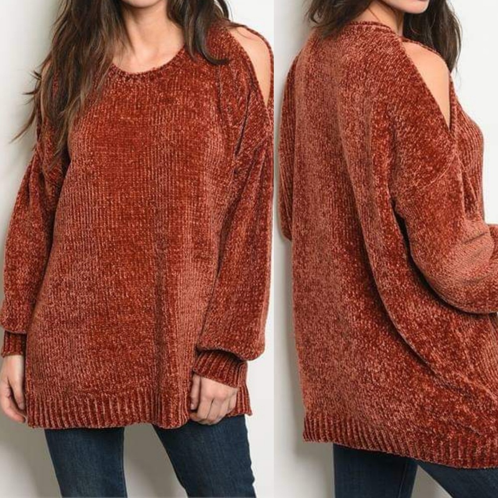 AUTUMN TOUCH COLD SHOULDER CHENILLE SWEATER (RUST)